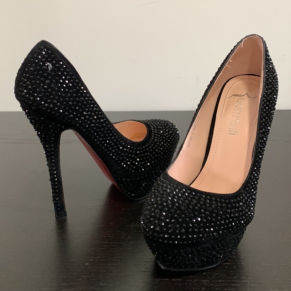 Black suede/rhinestone platform, stilettos - Picture 4 of 13